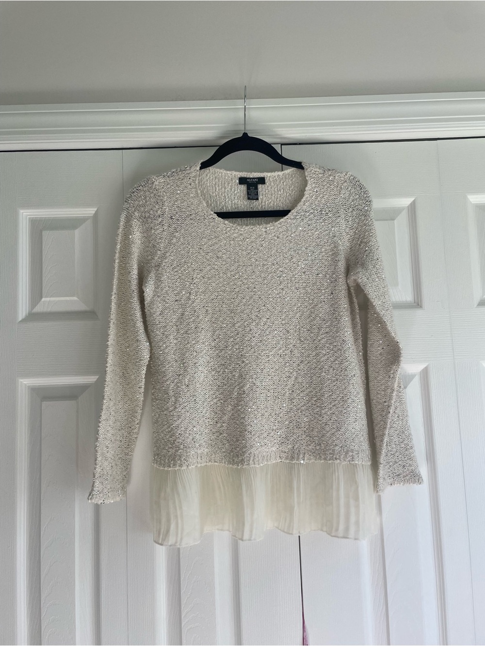 Alfani Cream Textured Knit Sweater with Sheer Hem